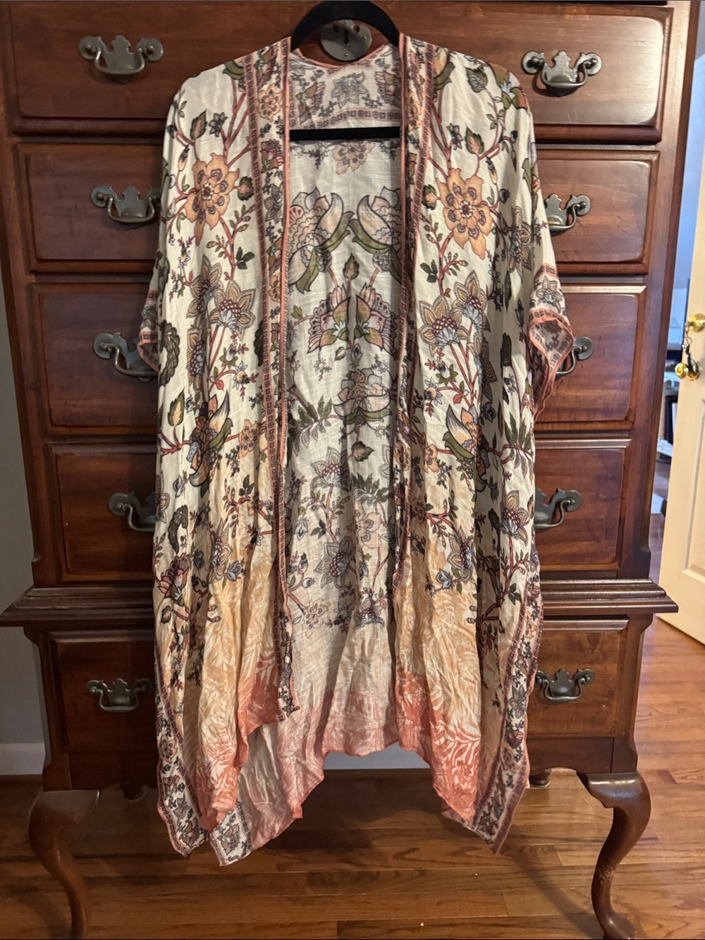 Floral Printed Open-Front Kimono Cardigan - Cream & Peach